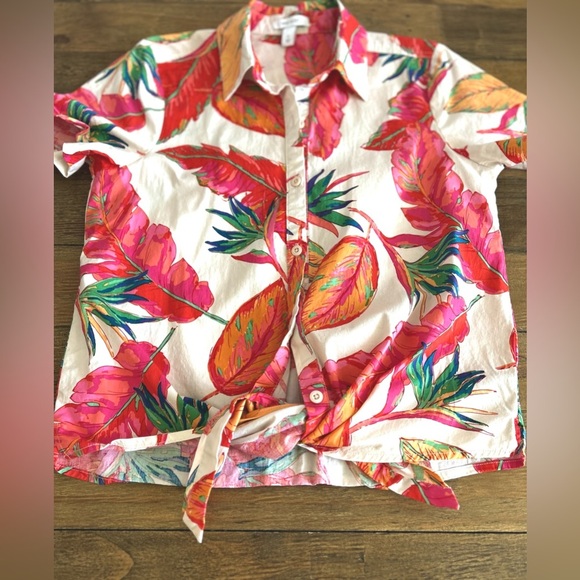 NINE WEST Farm Rio vibes Tropical Tie-Front Button Down Shirt - Picture 14 of 14